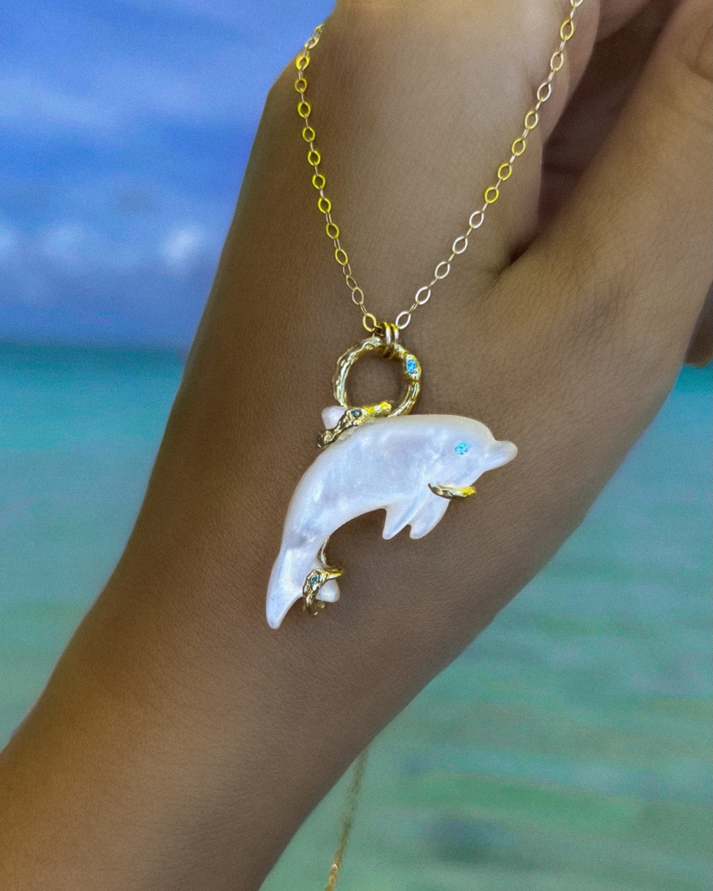 Blue Eyed Dolphin Spirit Animal Amulet ⋄ Mother of Pearl ⋄ Gold Vermeil