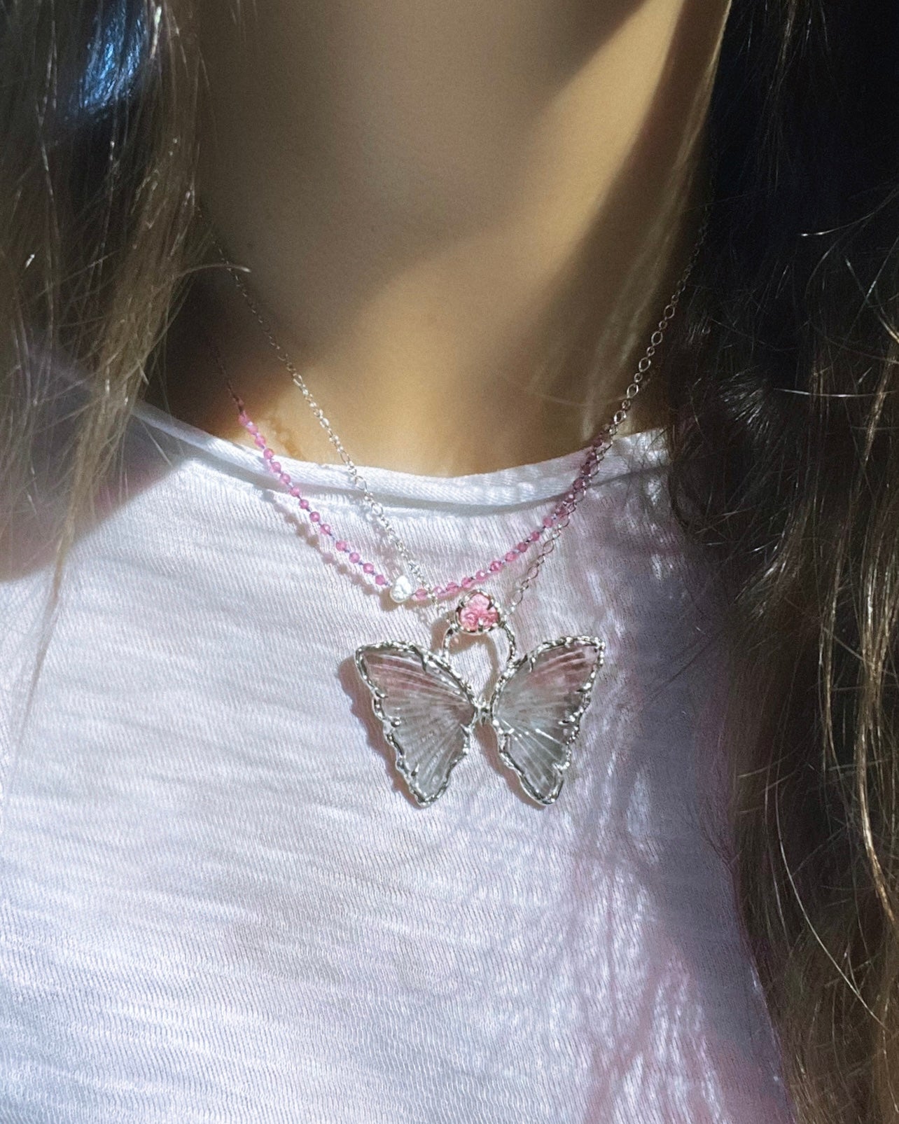 Dew Drop Necklace ⋄ Pink Tourmaline & Pearl on Silk