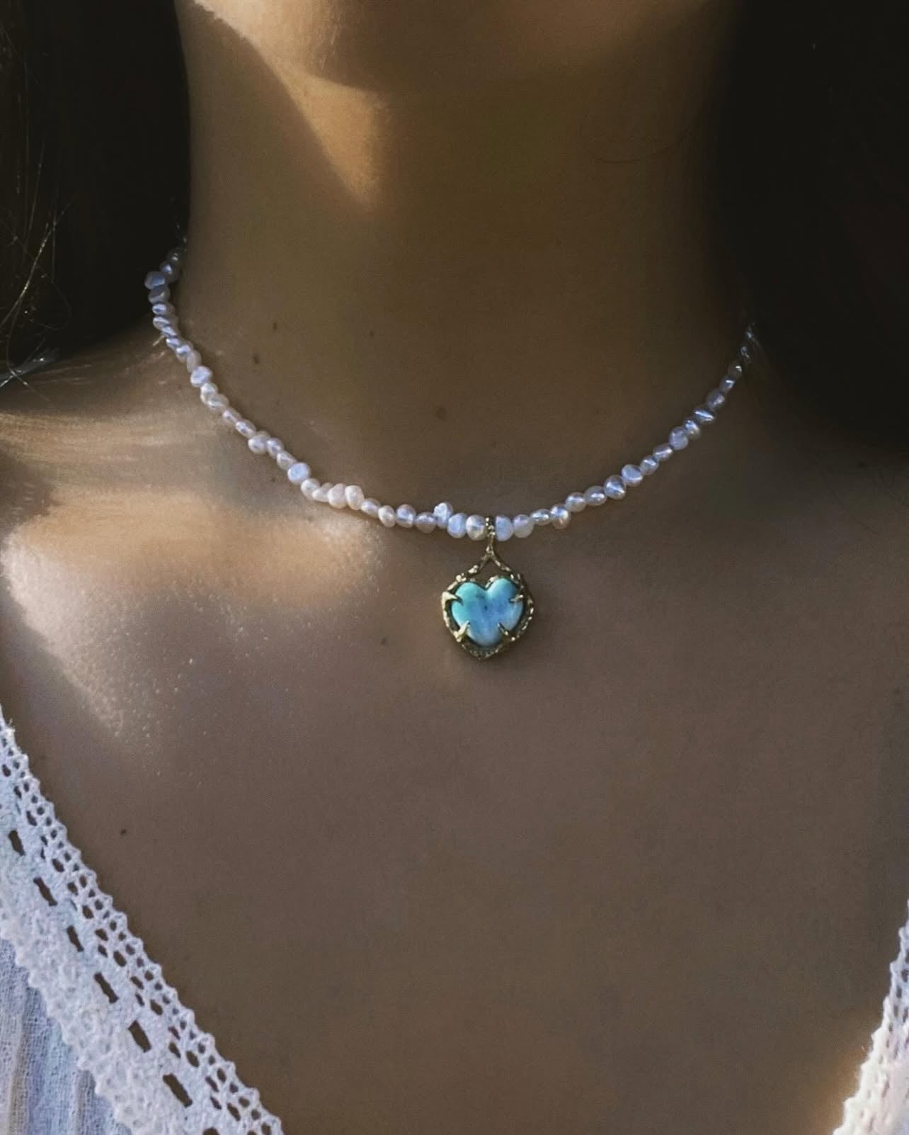 Siren’s Heart Amulet ⋄ Larimar & Freshwater Pearls