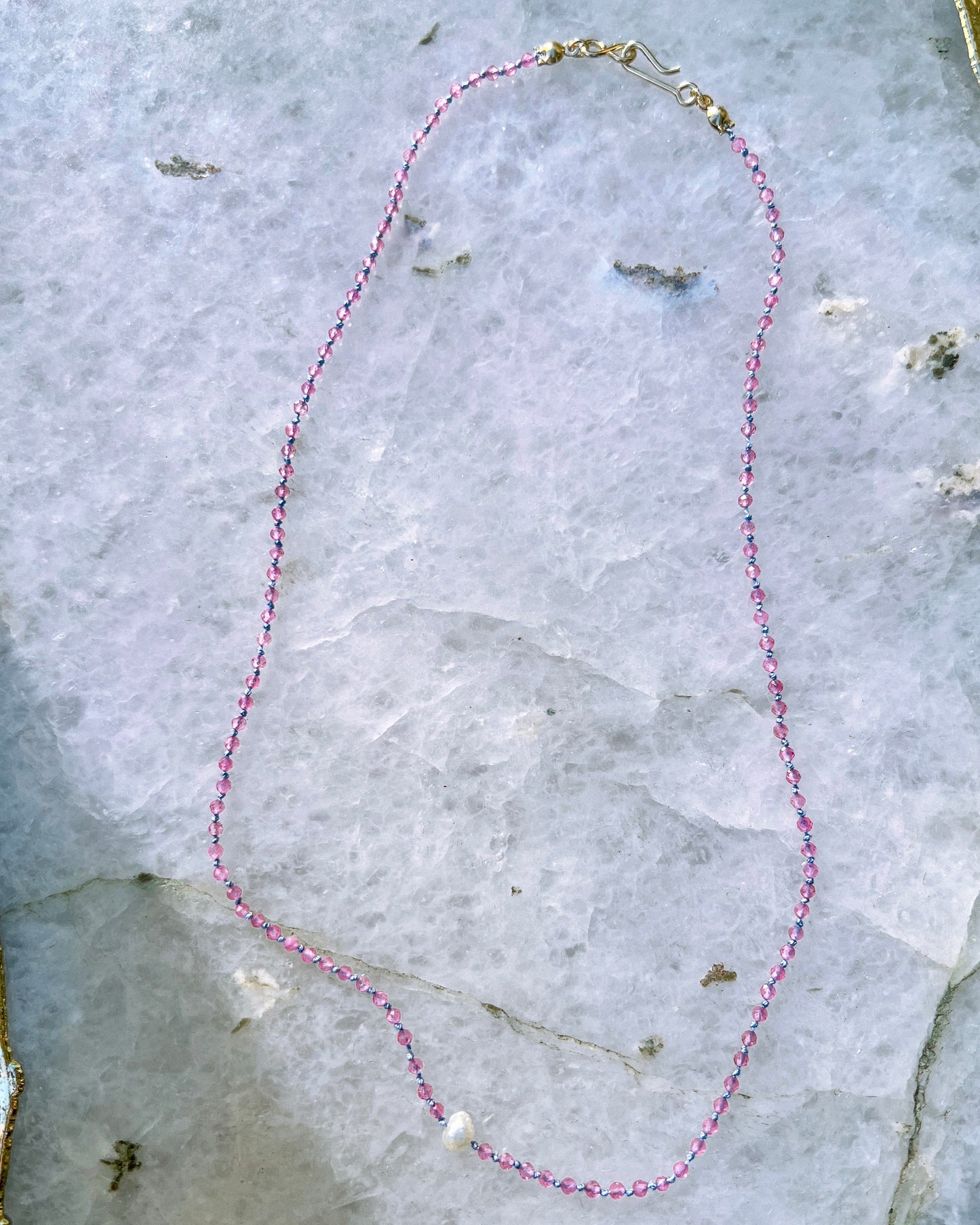 Dew Drop Necklace ⋄ Pink Tourmaline & Pearl on Silk