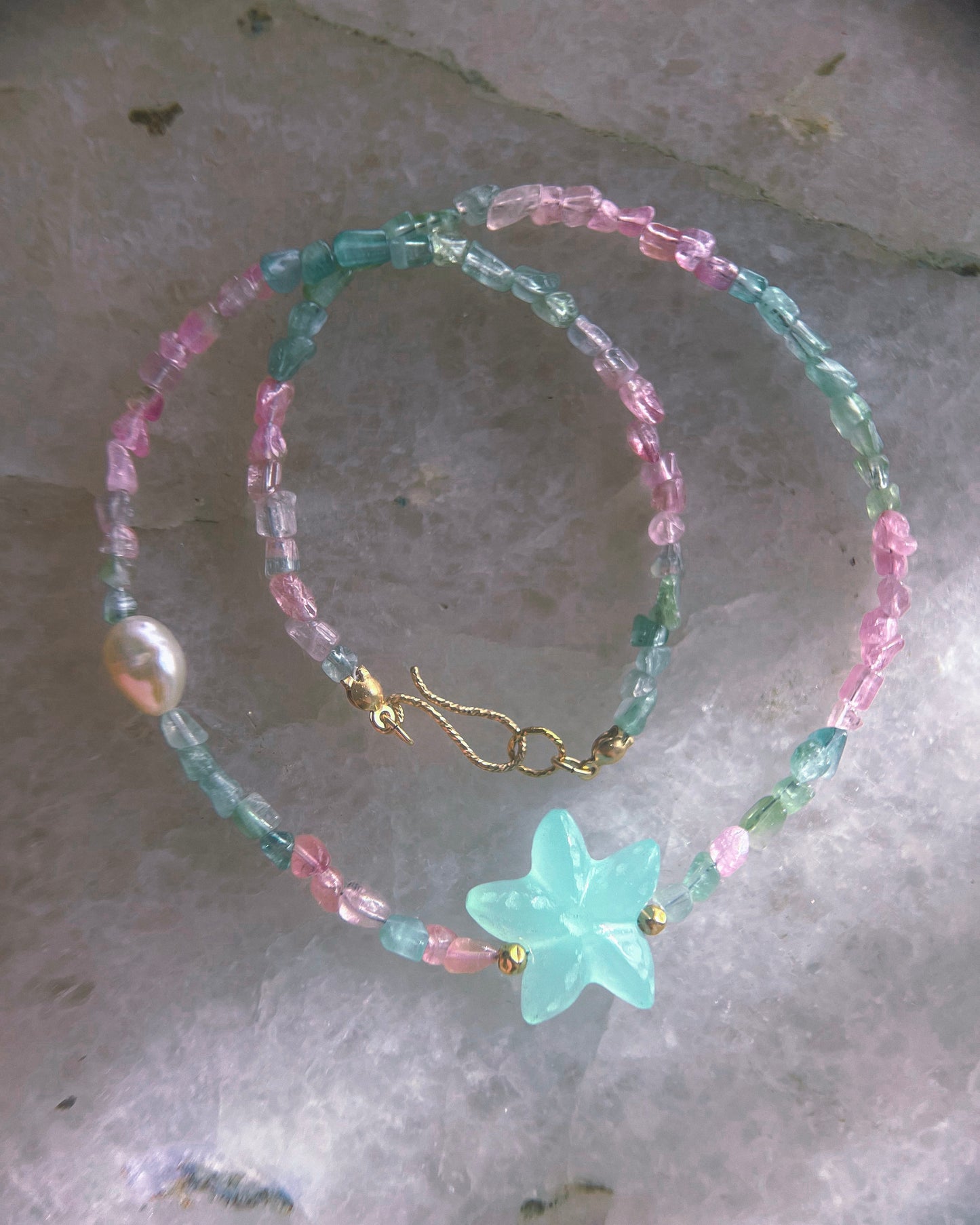 Ocean Pebbles Sea Star Necklace ⋄ Tourmaline, Chalcedony & Pearl