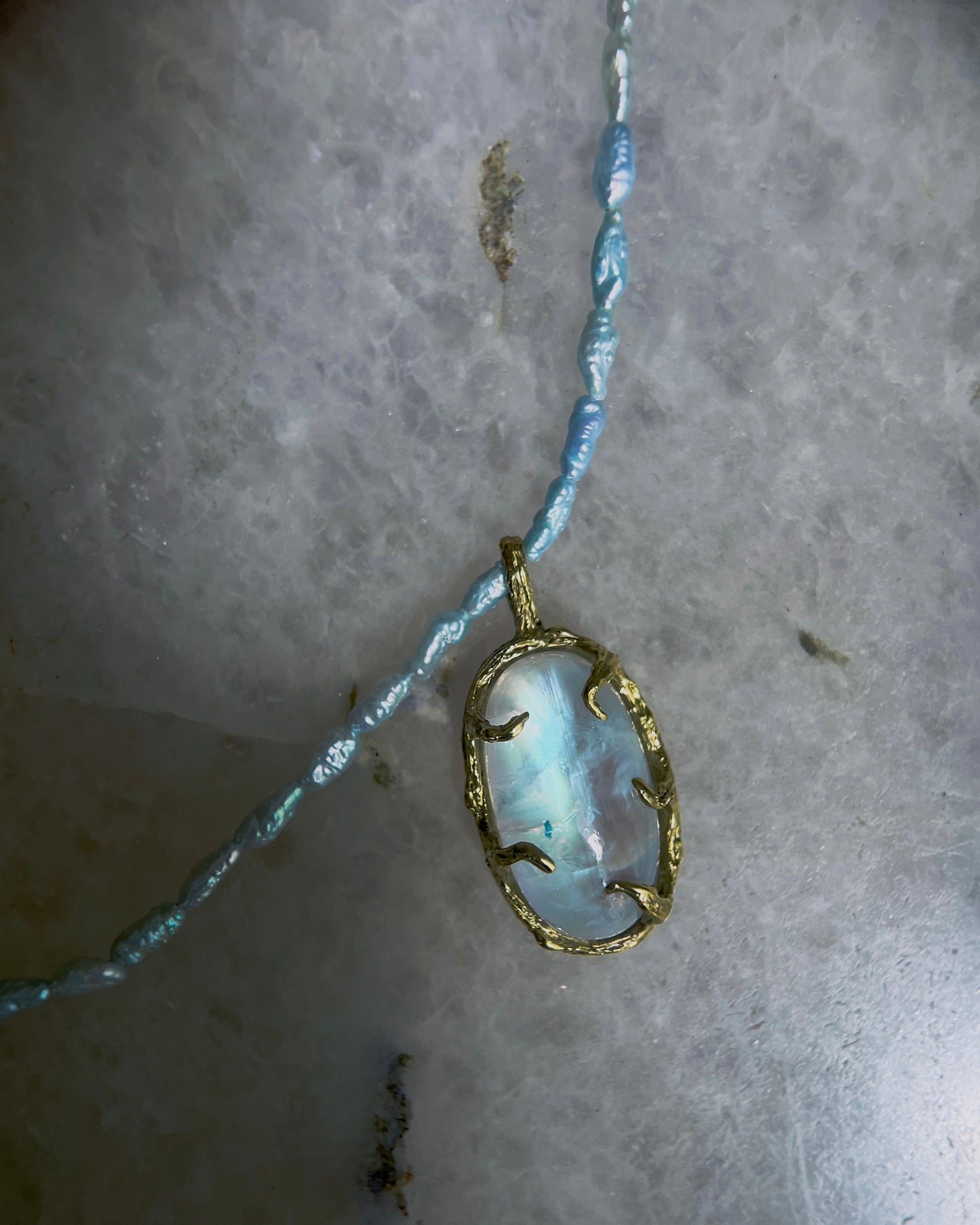 Lunar Oracle Amulet ⋄ Moonstone & Blue Pearls