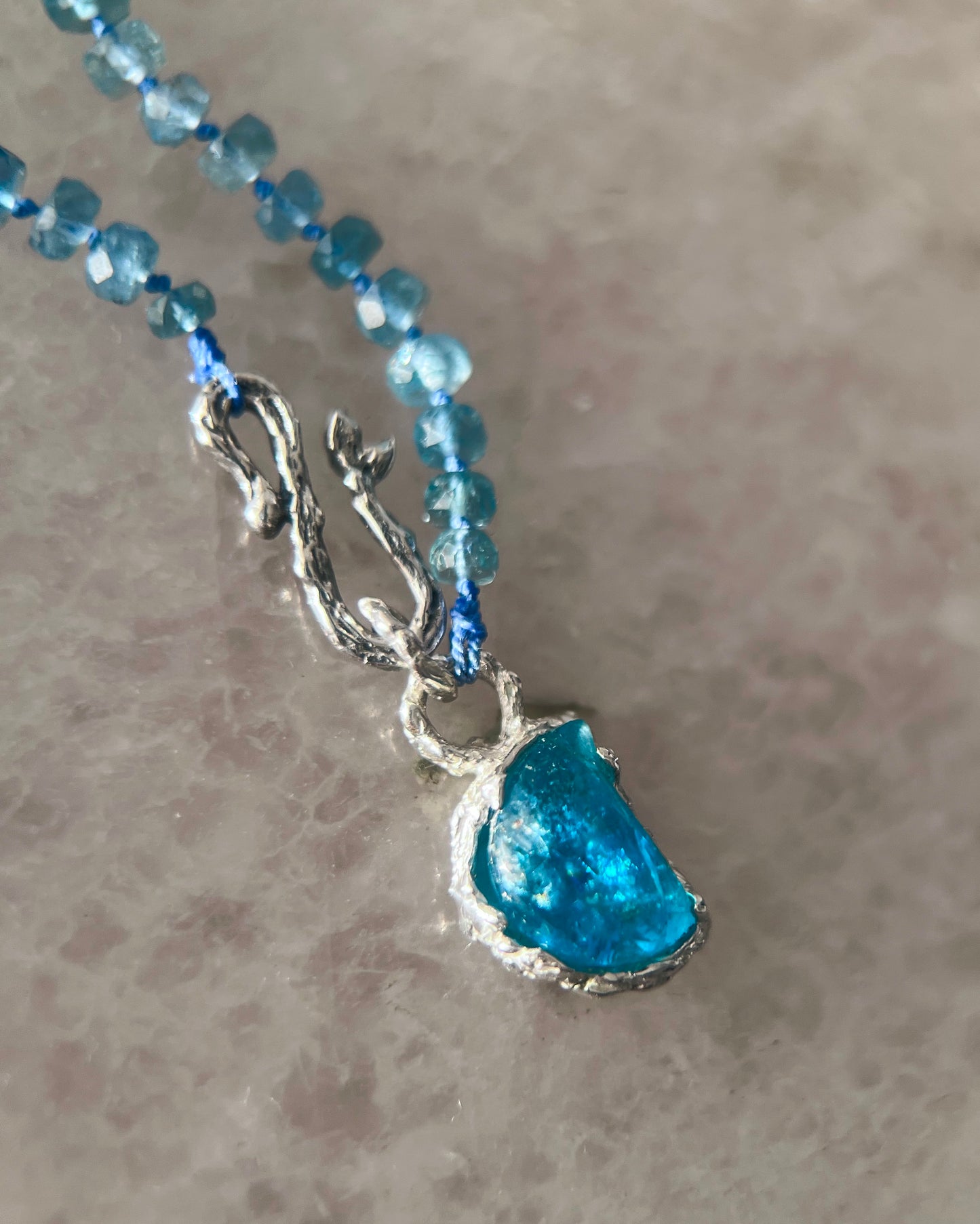 Crescent Moon Dewdrops Necklace ⋄ Neon Apatite & Dark Aquamarine