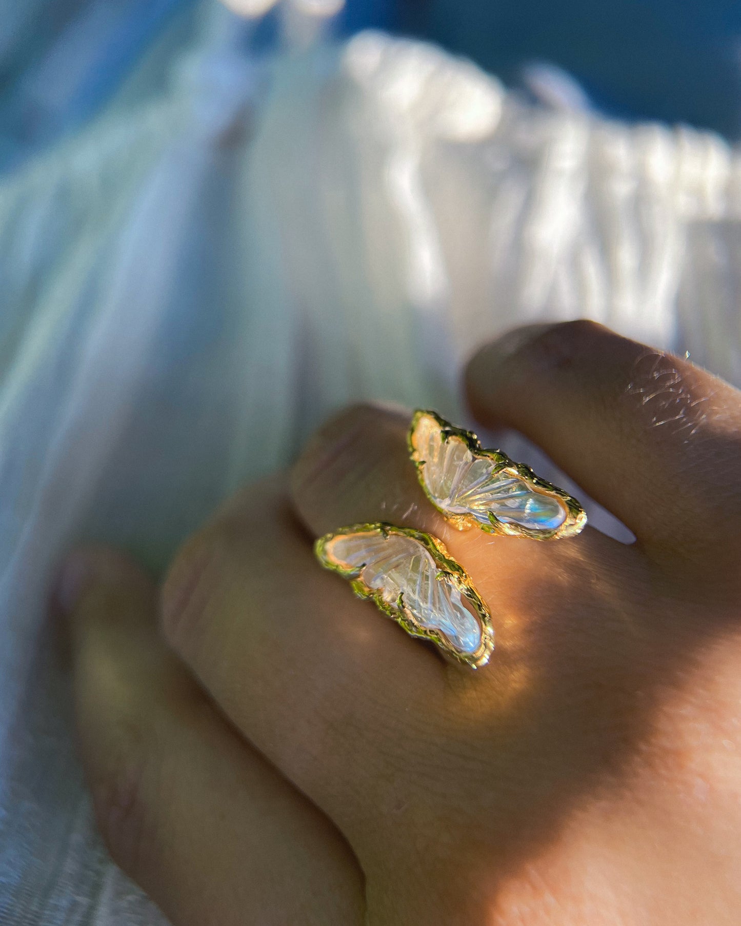 Ever After Butterfly Ring ⋄ Orange Rainbow Moonstone ⋄ size 5-7 ⋄ 22k Gold Vermeil