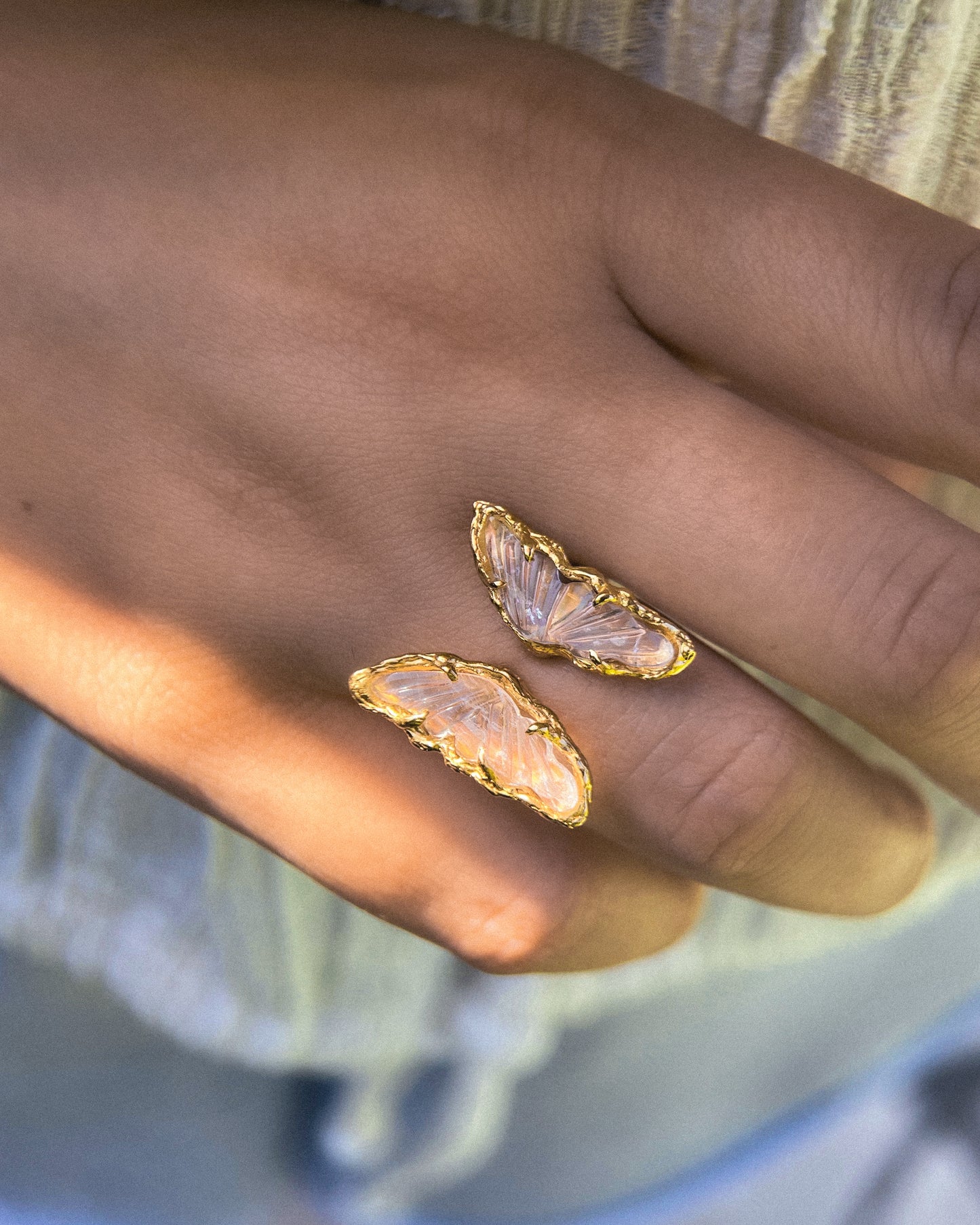 Ever After Butterfly Ring ⋄ Orange Rainbow Moonstone ⋄ size 5-7 ⋄ 22k Gold Vermeil