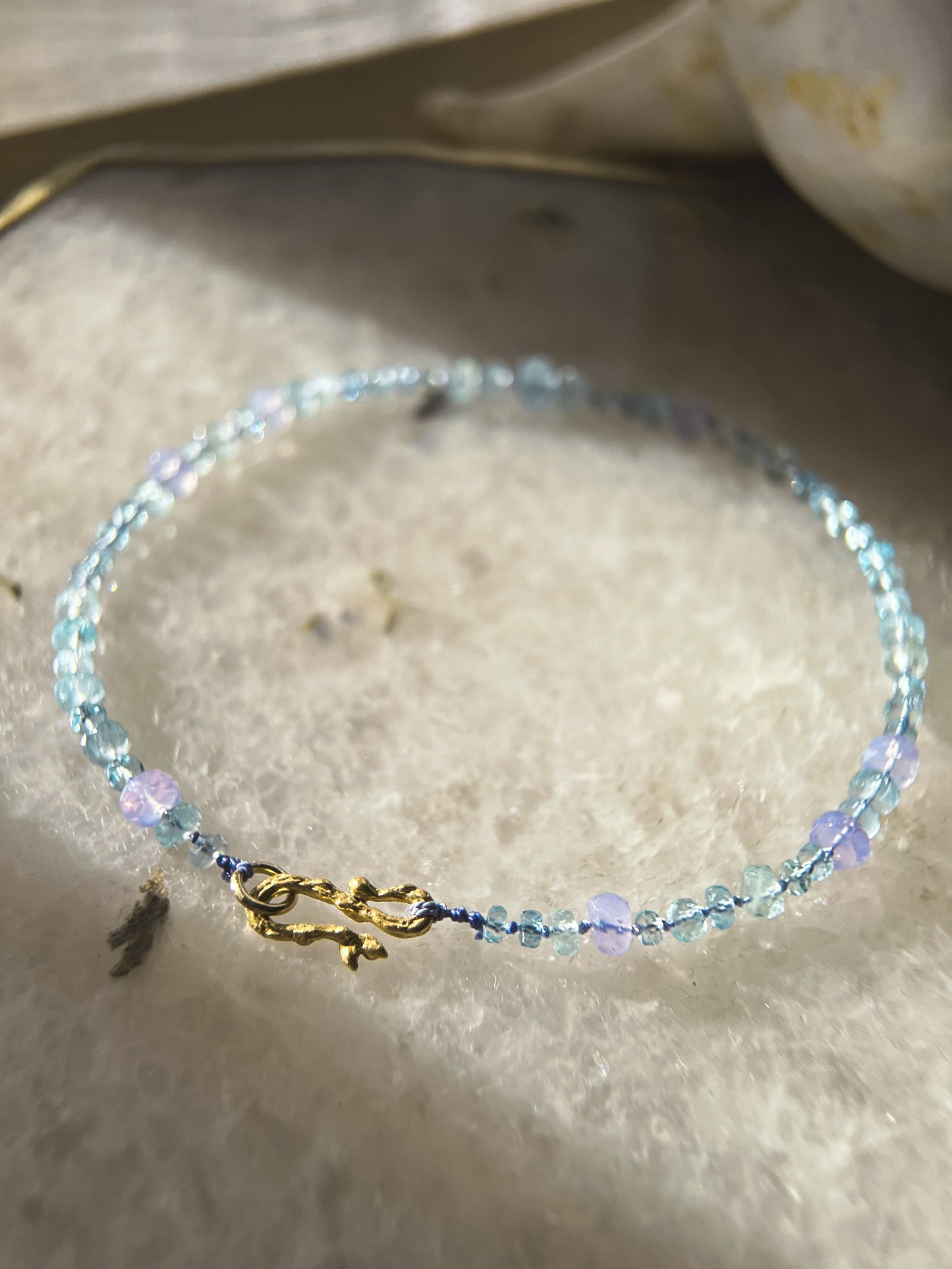 Dewdrops Anklet ⋄ Lavender Moon Quartz & Aquamarine