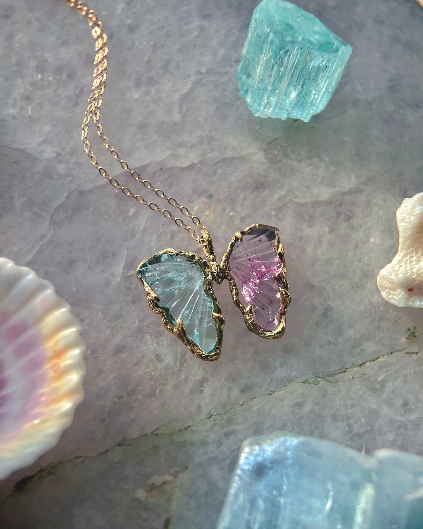 Duality Butterfly Necklace ⋄ Aquamarine & Pink Tourmaline