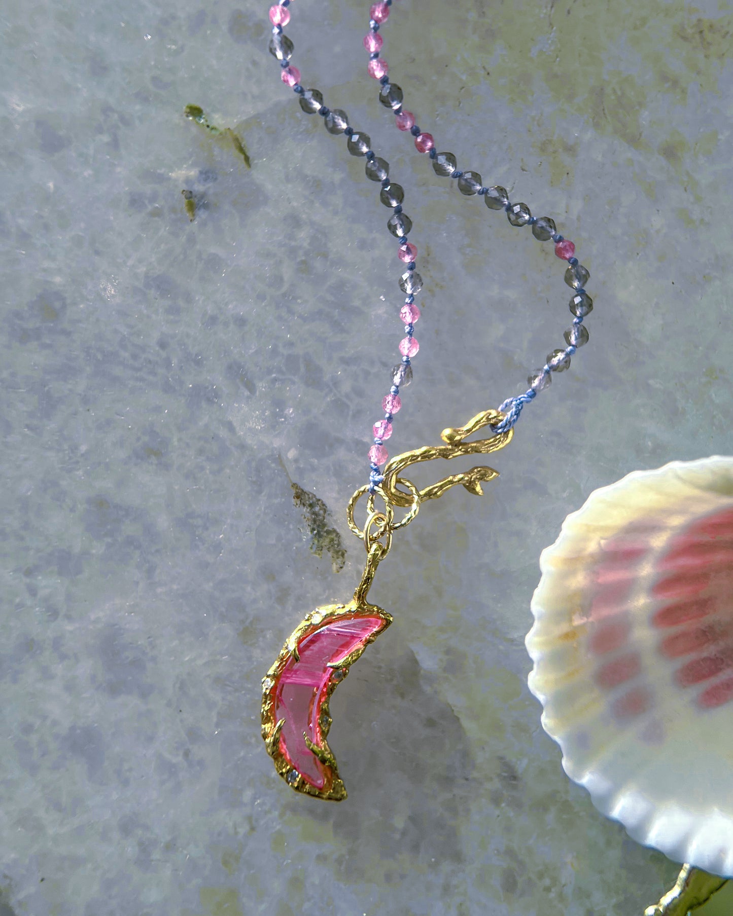 Crescent Moon Necklace ⋄ Pink Tourmaline & Smoky Quartz ⋄ Gold Vermeil