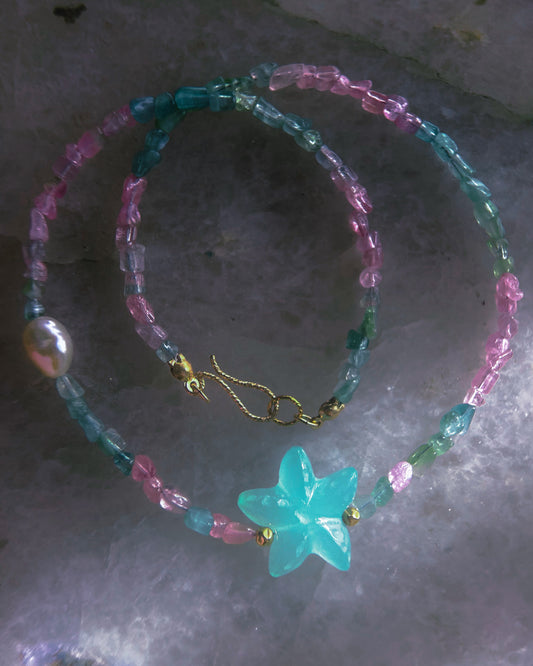 Ocean Pebbles Sea Star Necklace ⋄ Tourmaline, Chalcedony & Pearl