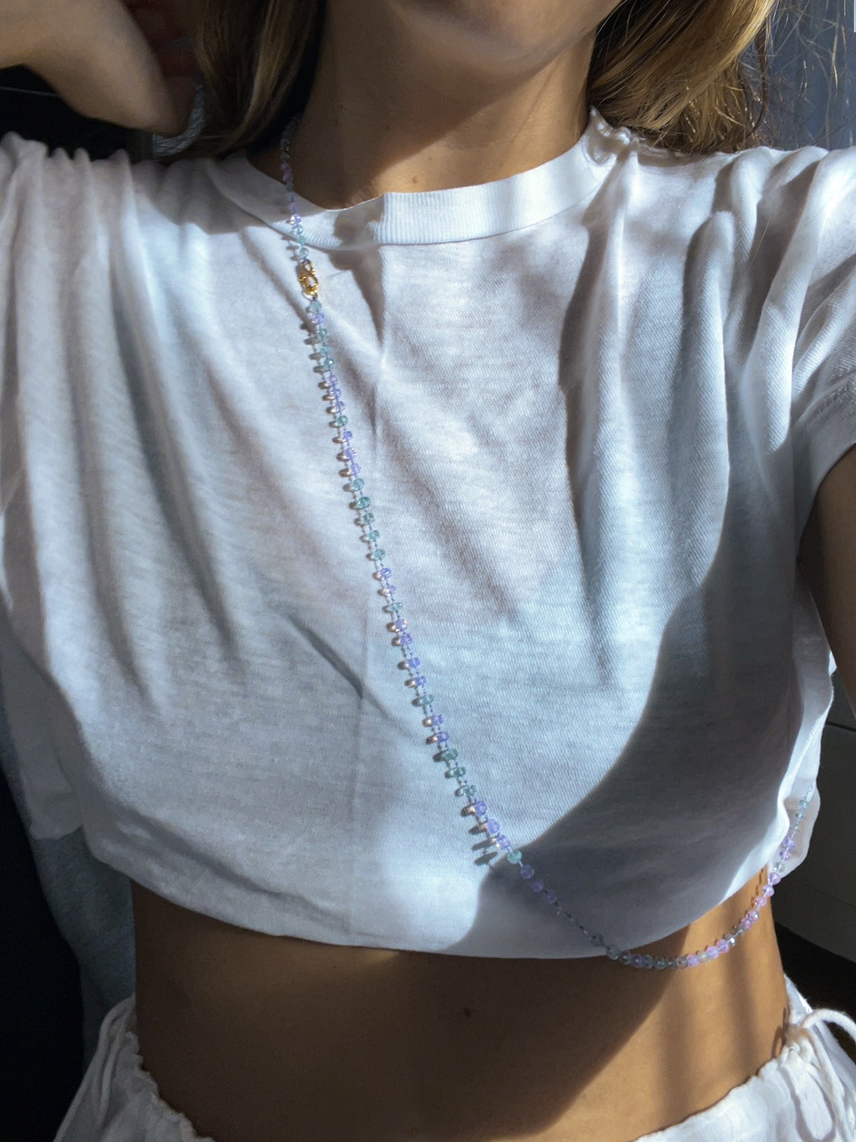 Dewdrops Long Necklace ⋄ Lavender Moon Quartz & Aquamarine