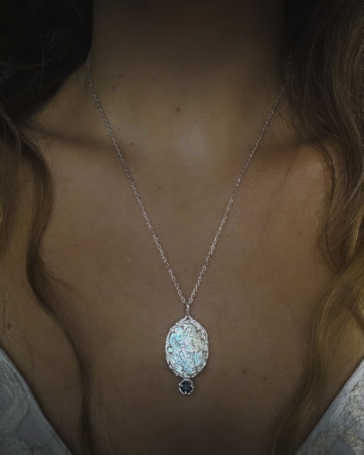 Moon Goddess Amulet ⋄ Mother of Pearl & Blue Tourmaline