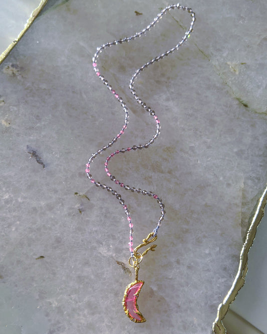 Crescent Moon Necklace ⋄ Pink Tourmaline & Smoky Quartz ⋄ Gold Vermeil