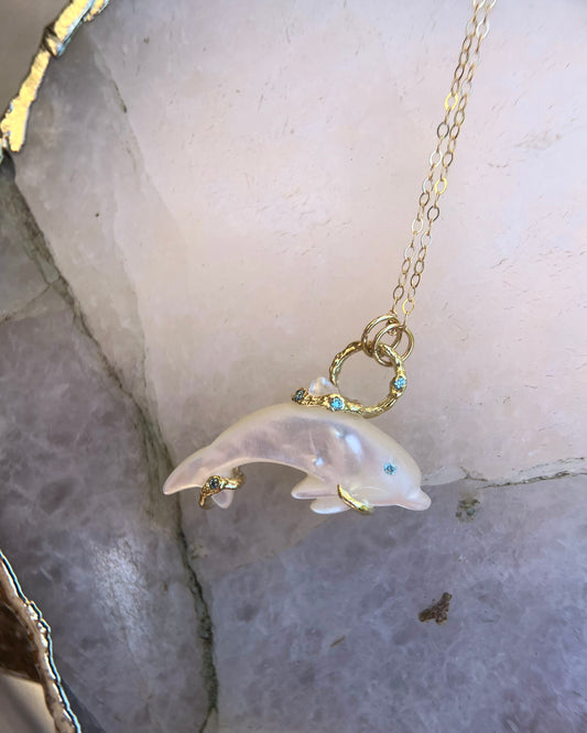 Blue Eyed Dolphin Spirit Animal Amulet ⋄ Mother of Pearl ⋄ Gold Vermeil