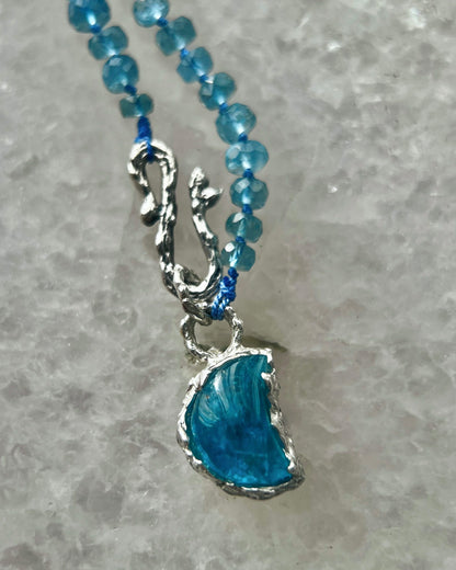 Crescent Moon Dewdrops Necklace ⋄ Neon Apatite & Dark Aquamarine