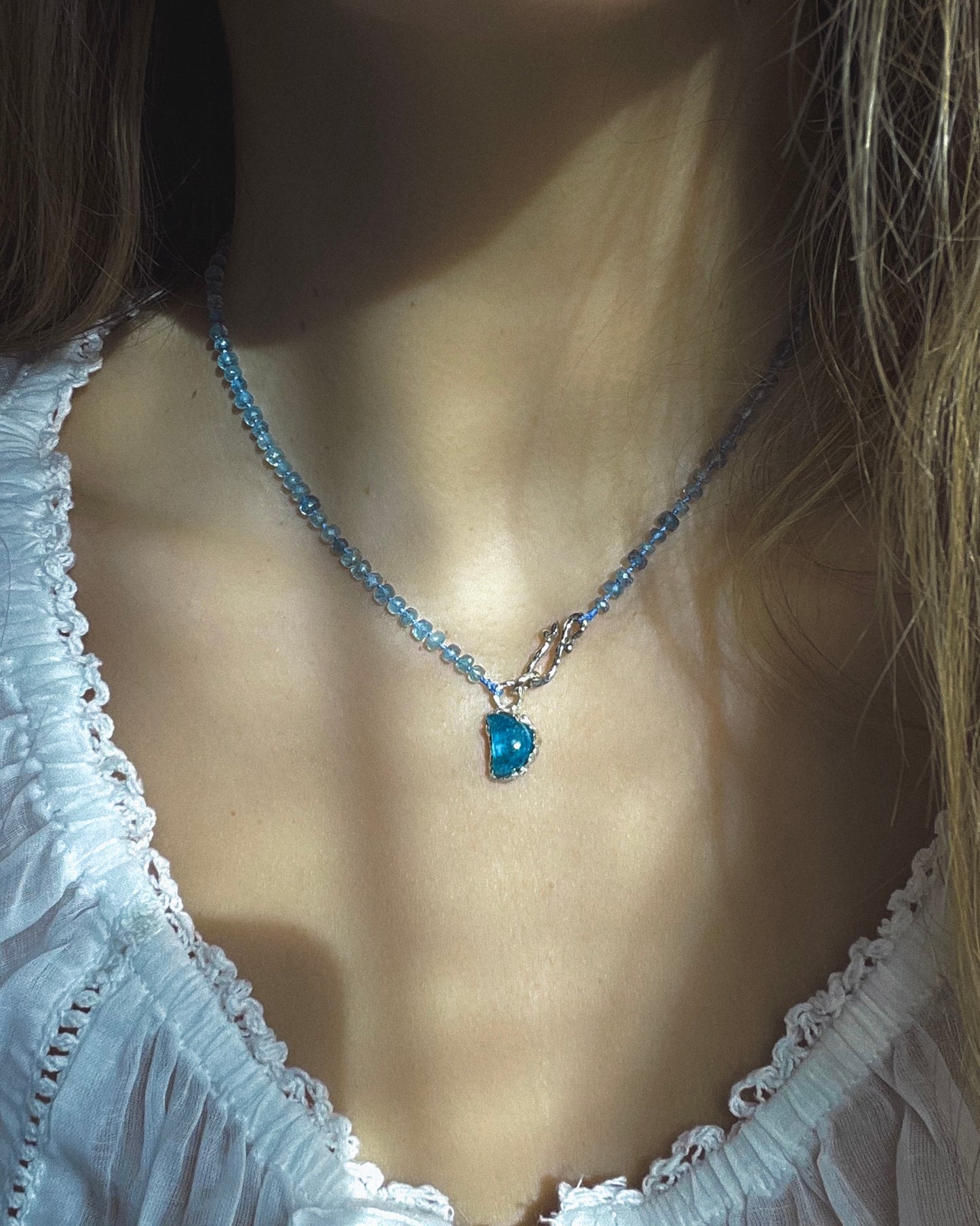 Crescent Moon Dewdrops Necklace ⋄ Neon Apatite & Dark Aquamarine