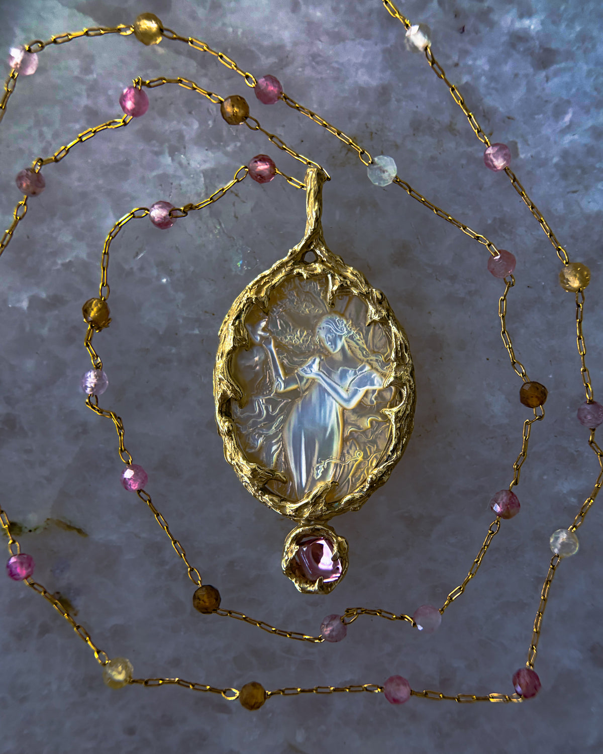 Goddess Aphrodite Amulet ⋄ Mother of Pearl & Pink Tourmaline