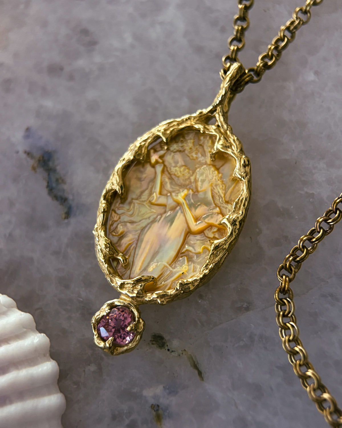 Goddess Aphrodite Amulet ⋄ Mother of Pearl & Pink Tourmaline