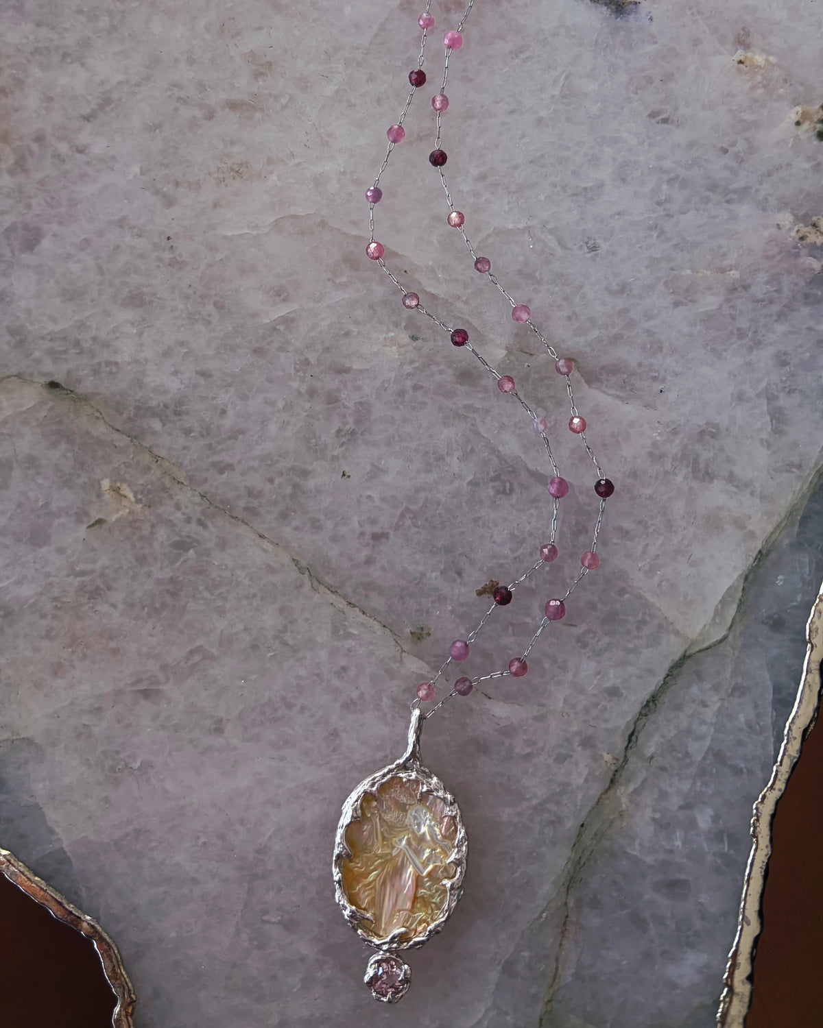 Goddess Aphrodite Amulet ⋄ Mother of Pearl & Pink Tourmaline