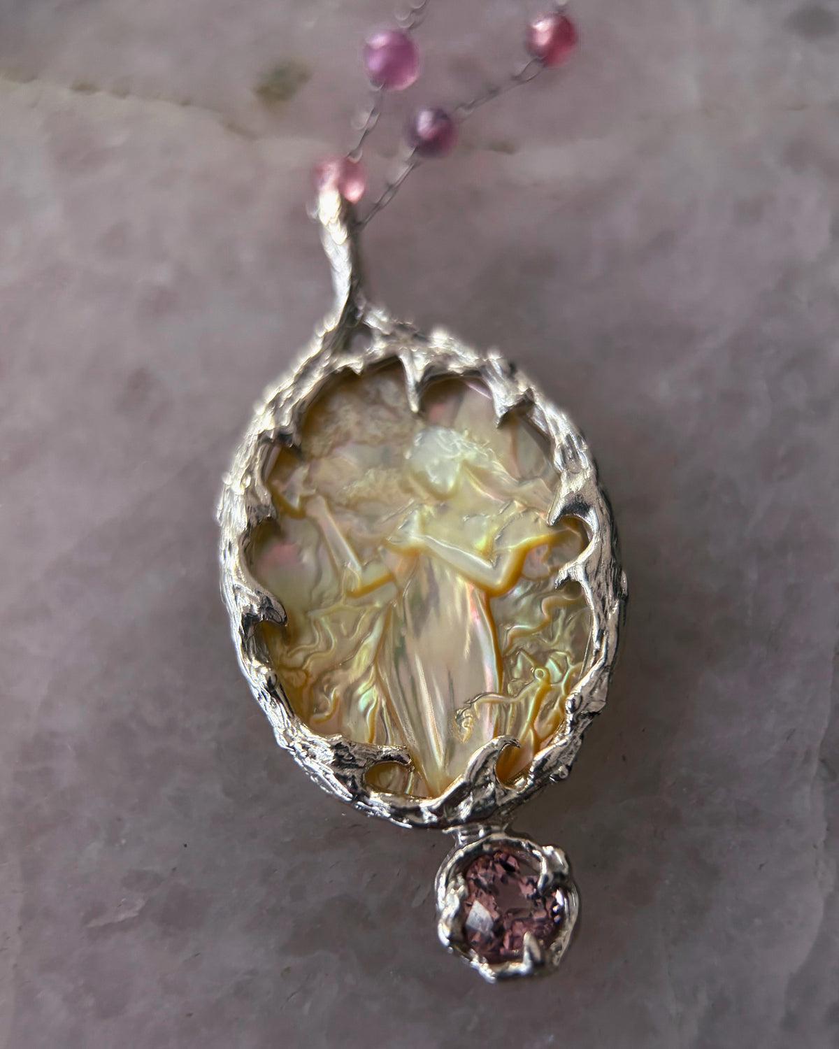 Goddess Aphrodite Amulet ⋄ Mother of Pearl & Pink Tourmaline
