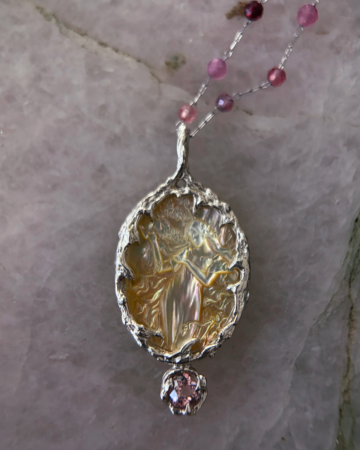 Goddess Aphrodite Amulet ⋄ Mother of Pearl & Pink Tourmaline