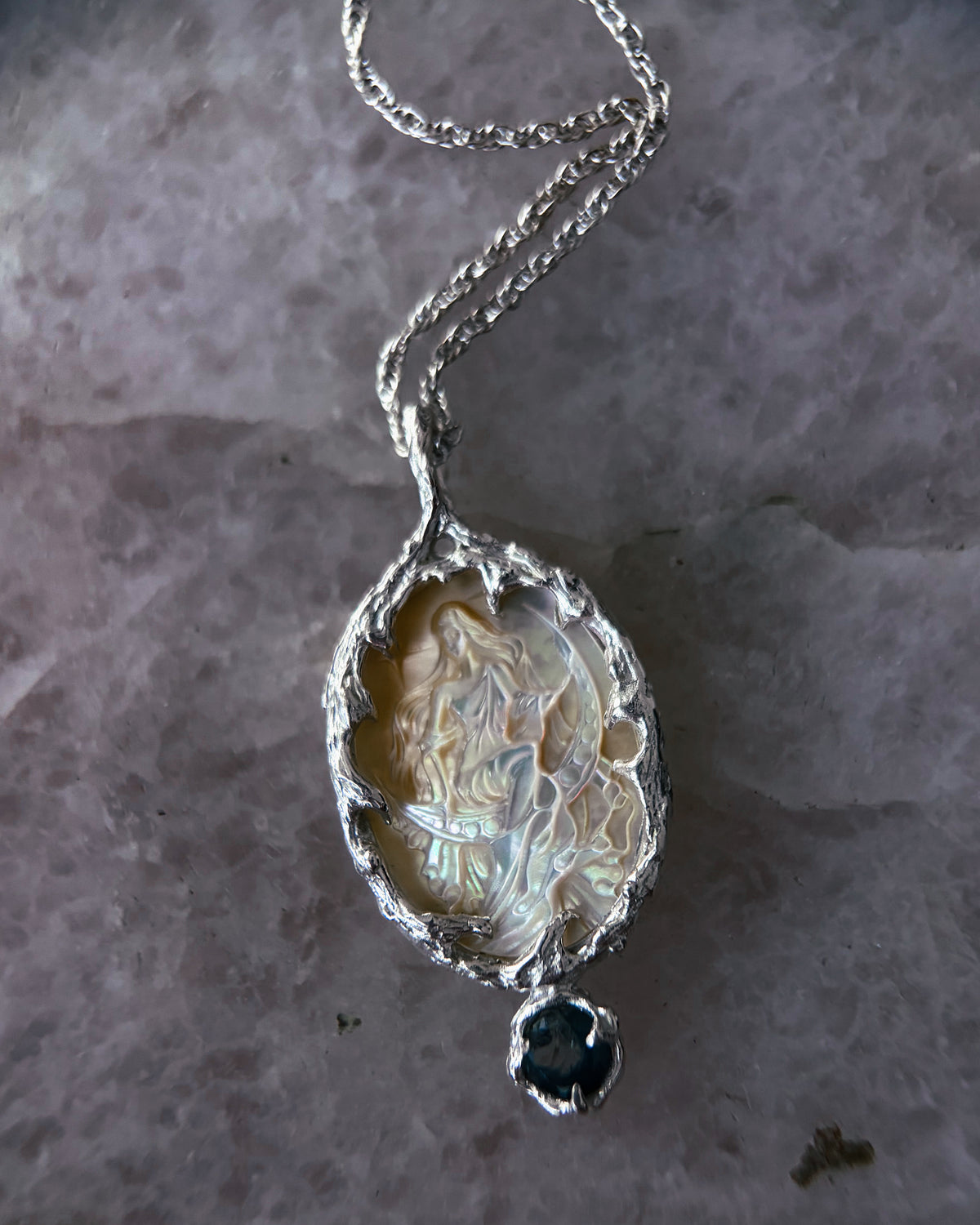 Moon Goddess Amulet ⋄ Mother of Pearl & Blue Tourmaline