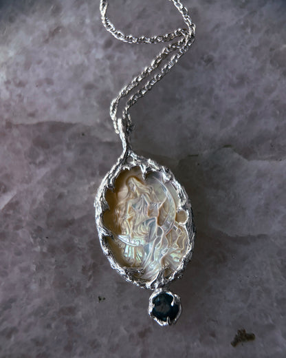 Moon Goddess Amulet ⋄ Mother of Pearl & Blue Tourmaline