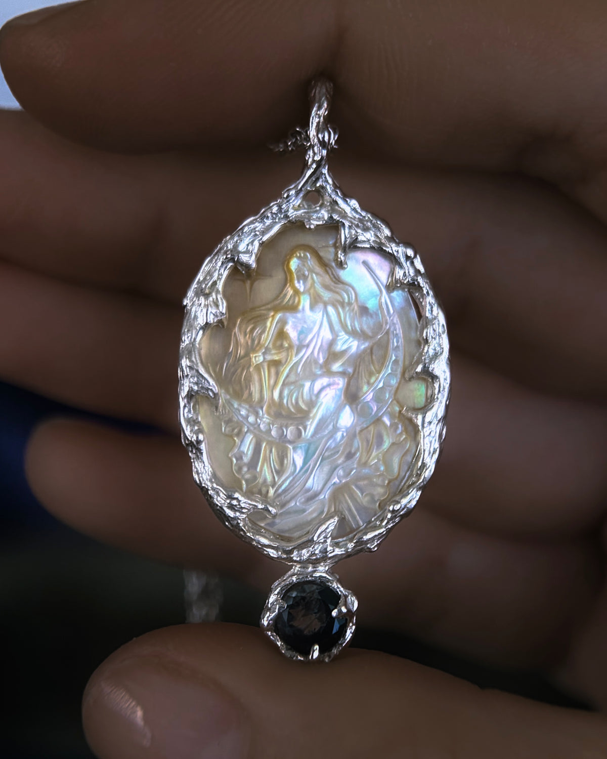 Moon Goddess Amulet ⋄ Mother of Pearl & Blue Tourmaline