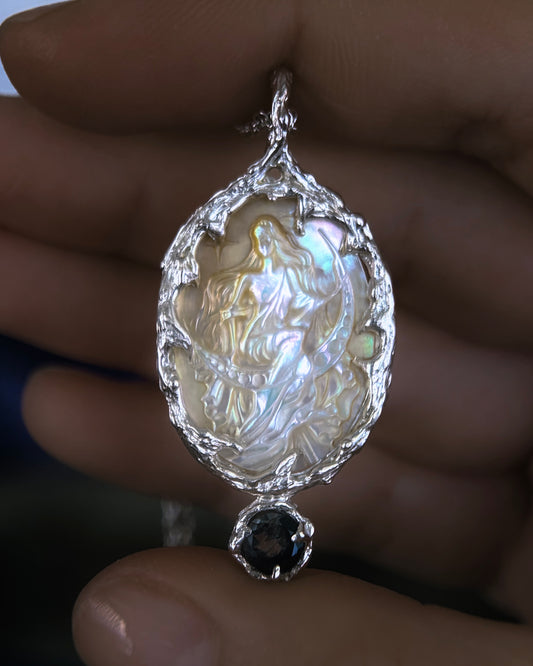 Moon Goddess Amulet ⋄ Mother of Pearl & Blue Tourmaline