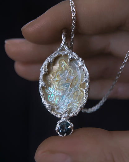 Moon Goddess Amulet ⋄ Mother of Pearl & Blue Tourmaline