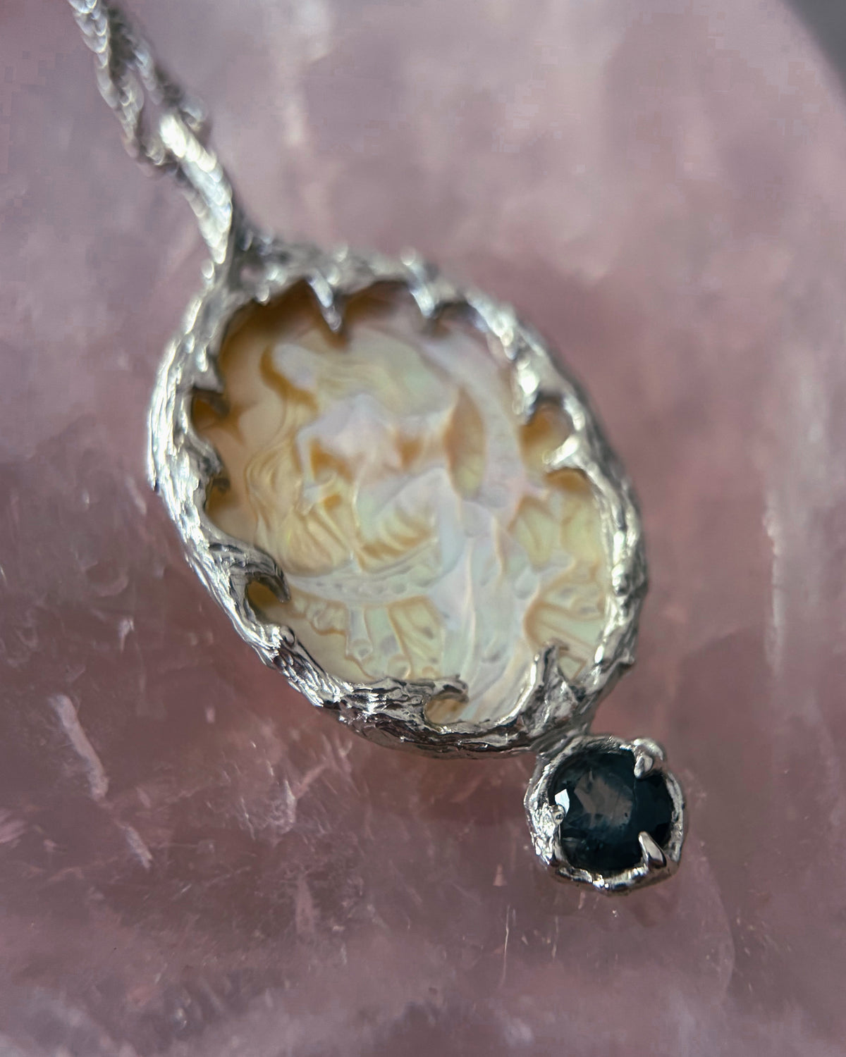 Moon Goddess Amulet ⋄ Mother of Pearl & Blue Tourmaline