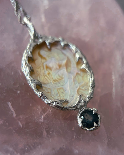 Moon Goddess Amulet ⋄ Mother of Pearl & Blue Tourmaline