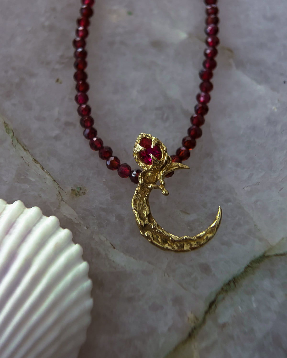 Night Blooming Moon Rose Amulet ⋄ Ruby & Garnet