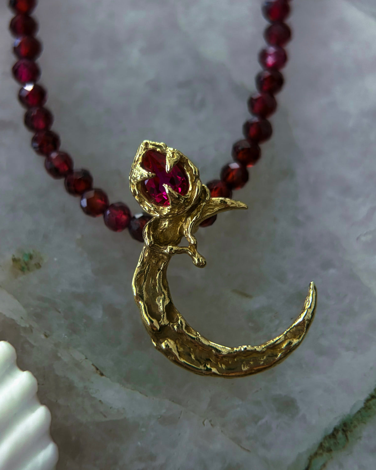 Night Blooming Moon Rose Amulet ⋄ Ruby & Garnet