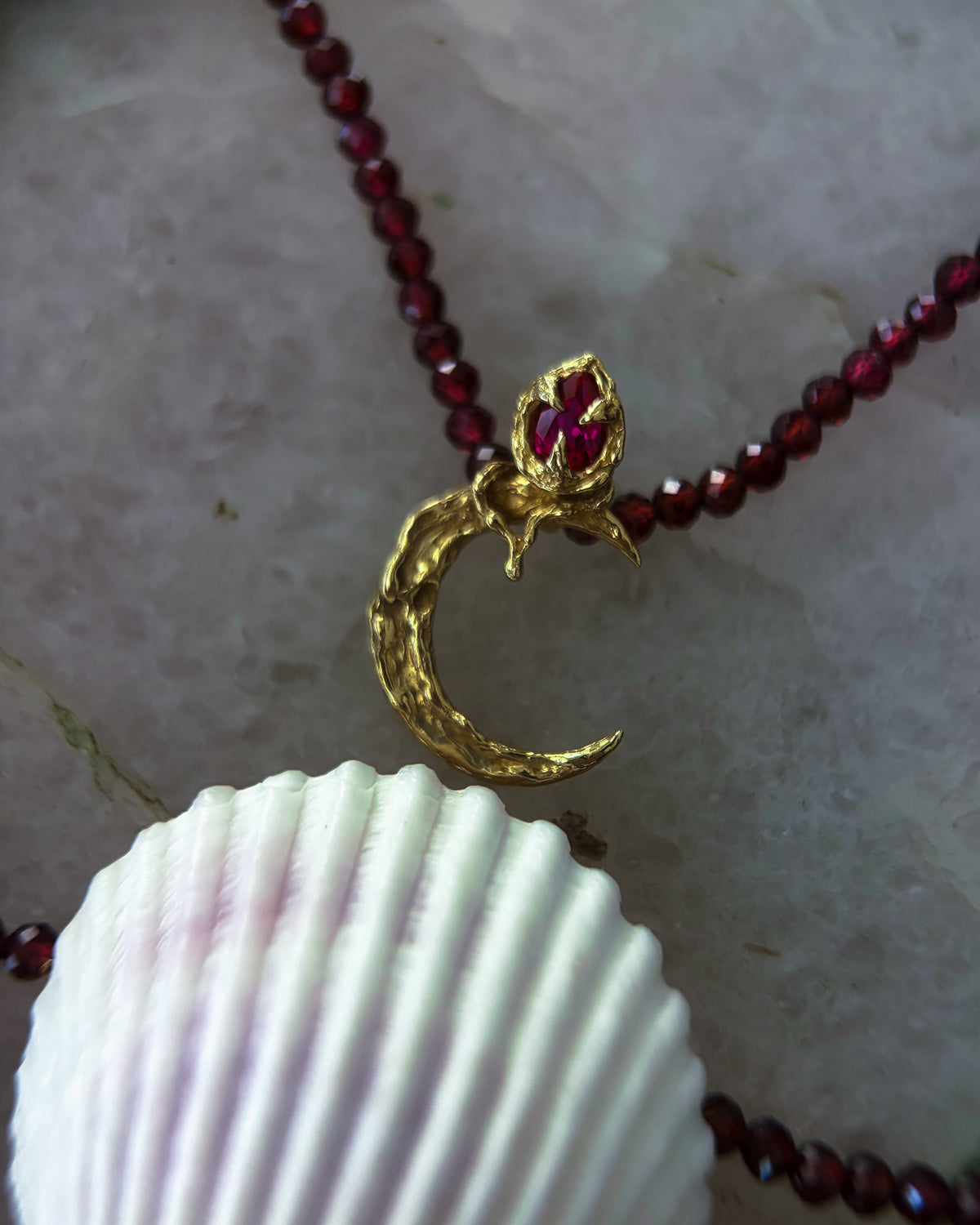 Night Blooming Moon Rose Amulet ⋄ Ruby & Garnet