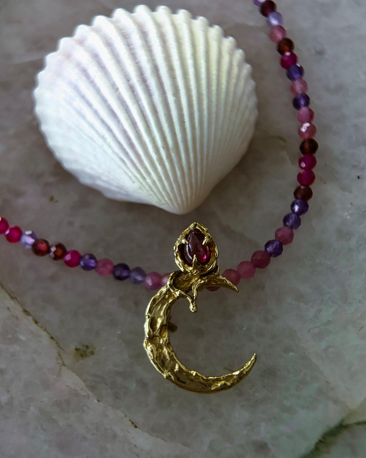Night Blooming Moon Rose Amulet ⋄ Pink Tourmaline, Ruby, Garnet, Amethyst