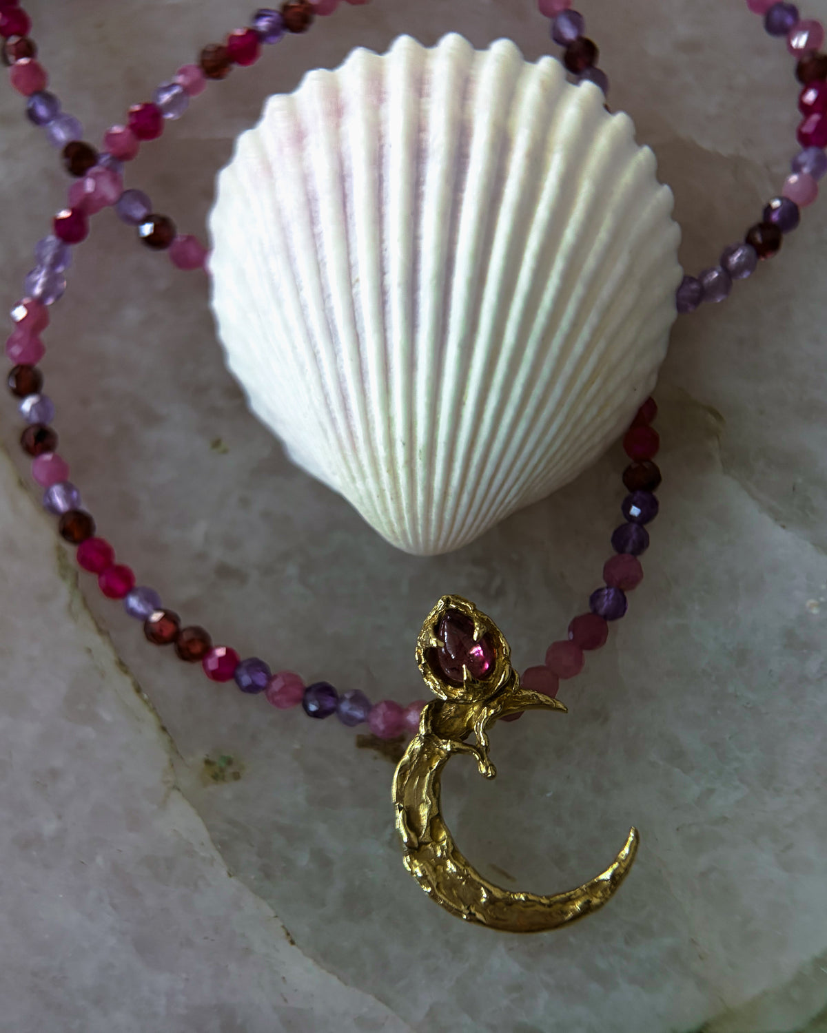 Night Blooming Moon Rose Amulet ⋄ Pink Tourmaline, Ruby, Garnet, Amethyst