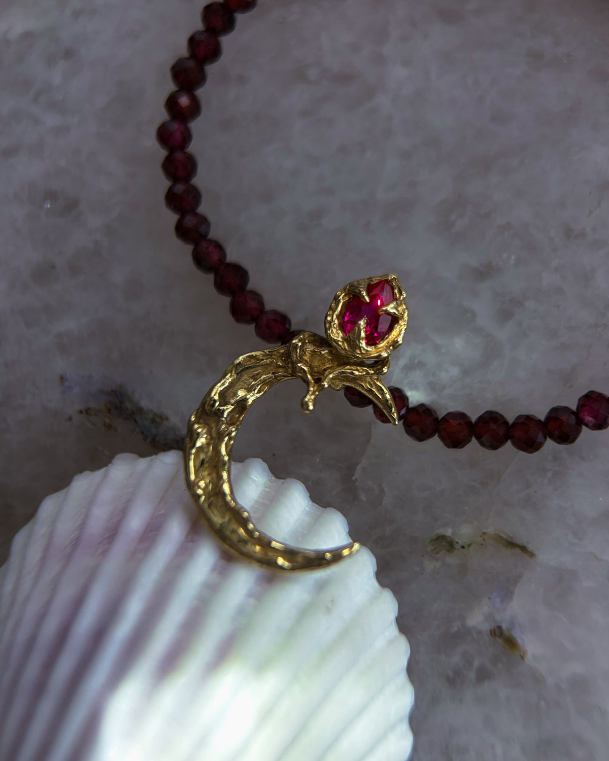 Night Blooming Moon Rose Amulet ⋄ Ruby & Garnet