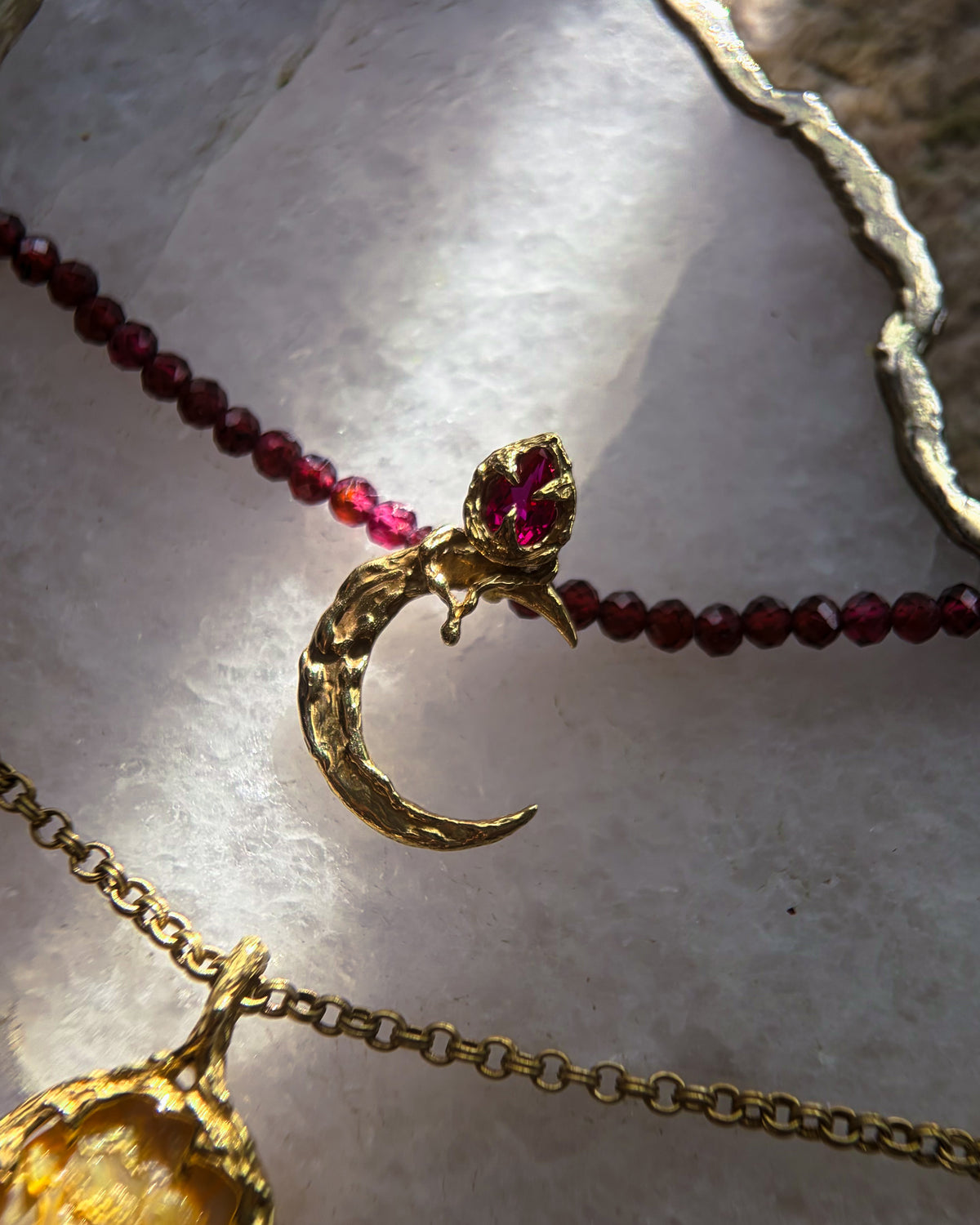 Night Blooming Moon Rose Amulet ⋄ Ruby & Garnet