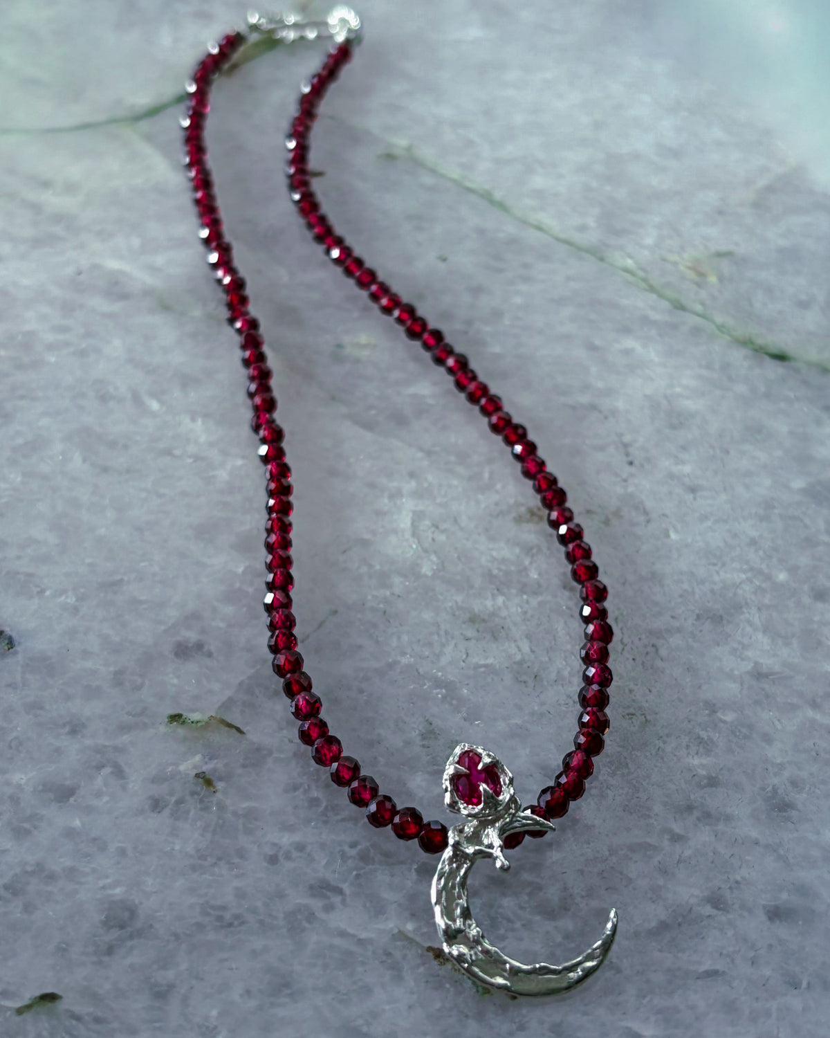 Night Blooming Moon Rose Amulet ⋄ Ruby & Garnet