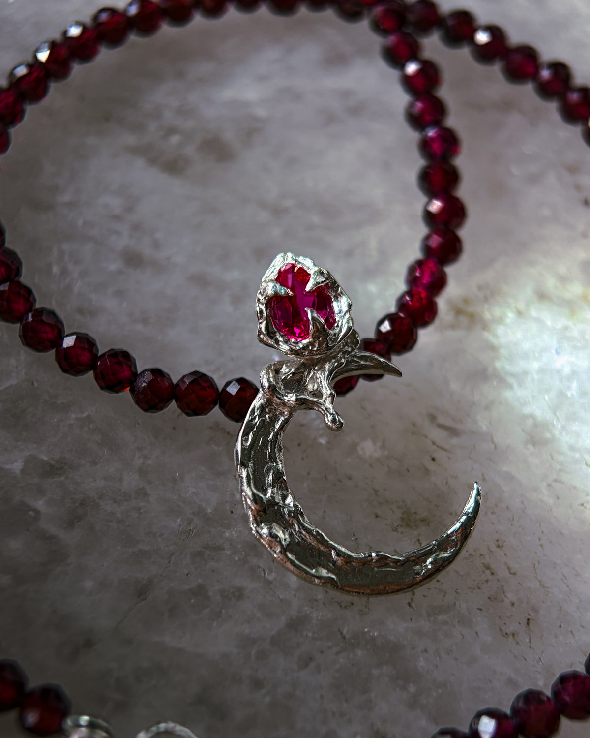 Night Blooming Moon Rose Amulet ⋄ Ruby & Garnet
