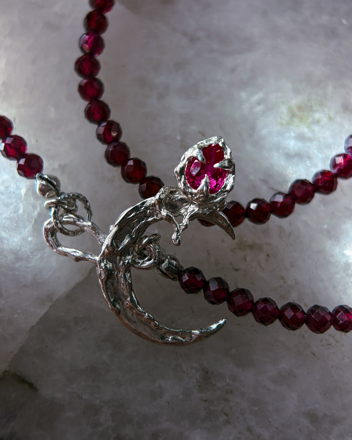 Night Blooming Moon Rose Amulet ⋄ Ruby & Garnet
