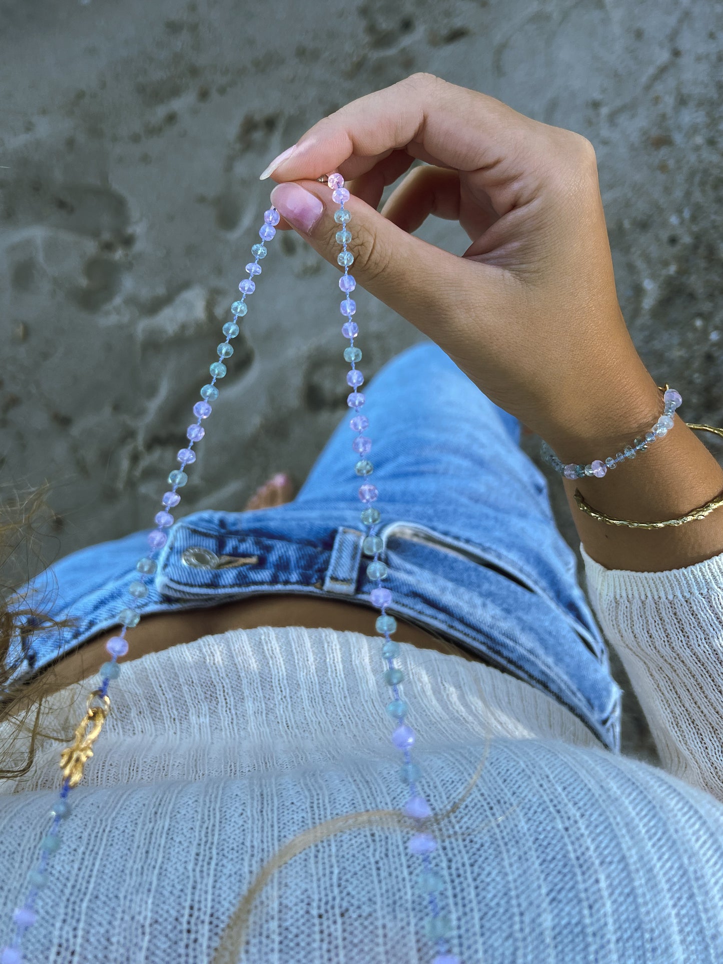 Dewdrops Long Necklace ⋄ Lavender Moon Quartz & Aquamarine