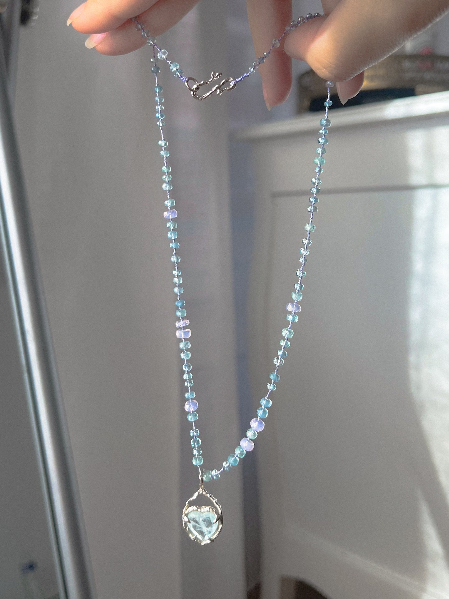 Dewdrops Heart Necklace ⋄ Lavender Moon Quartz & Aquamarine