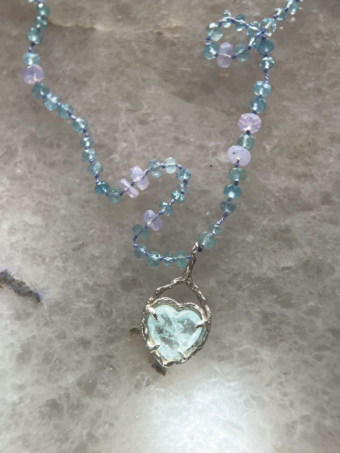 Dewdrops Heart Necklace ⋄ Lavender Moon Quartz & Aquamarine