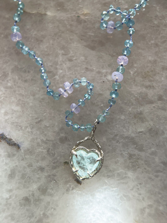 Dewdrops Heart Necklace ⋄ Lavender Moon Quartz & Aquamarine