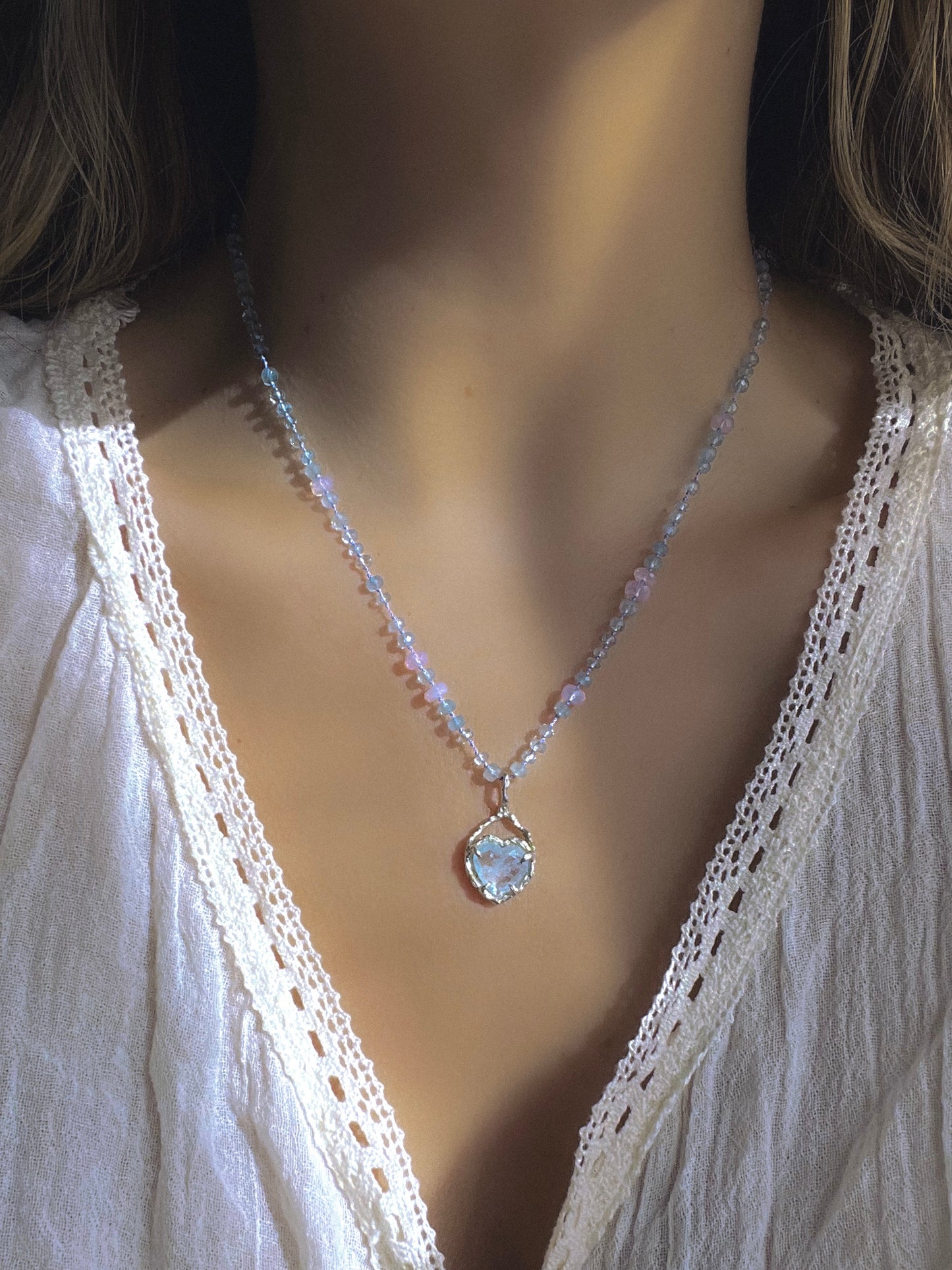 Dewdrops Heart Necklace ⋄ Lavender Moon Quartz & Aquamarine