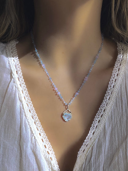 Dewdrops Heart Necklace ⋄ Lavender Moon Quartz & Aquamarine