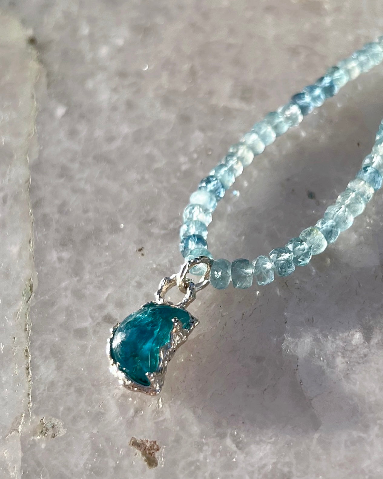 Crescent Moon Necklace ⋄ Neon Apatite & Aquamarine