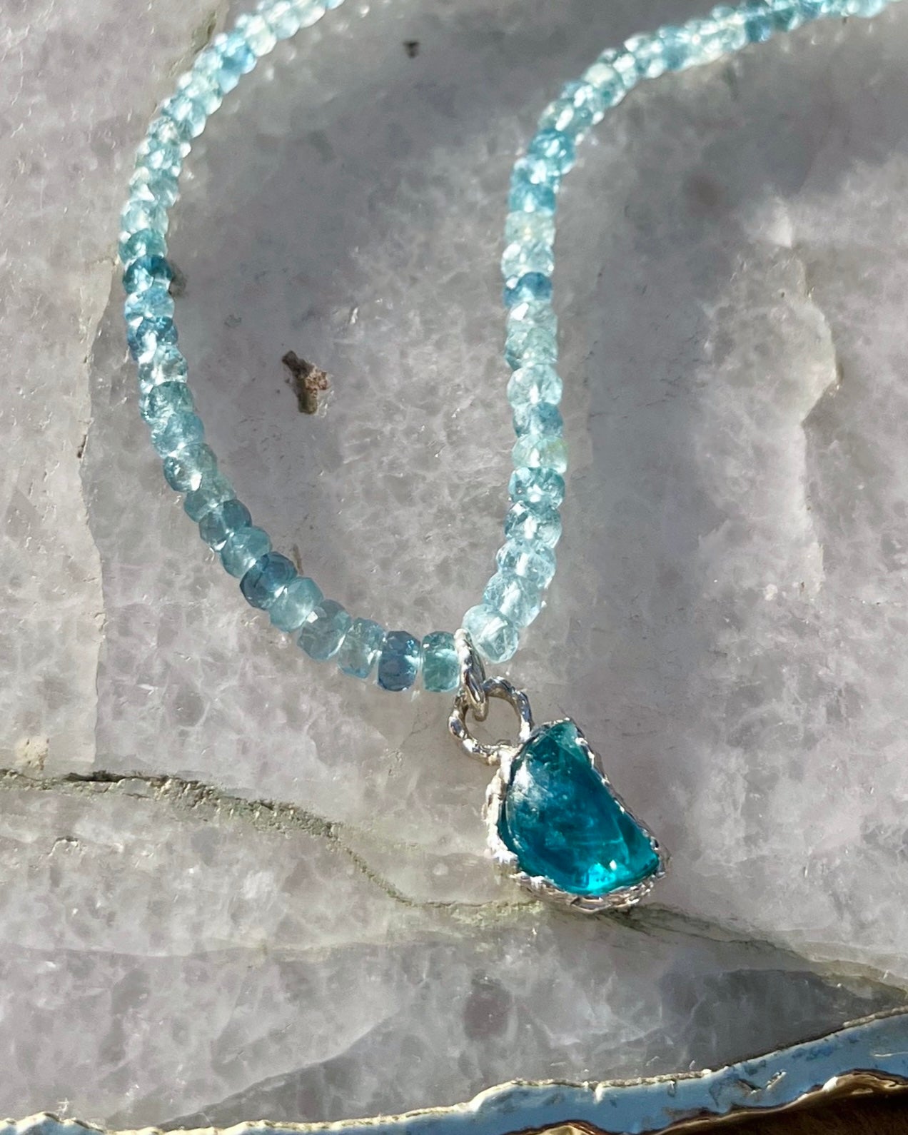 Crescent Moon Necklace ⋄ Neon Apatite & Aquamarine