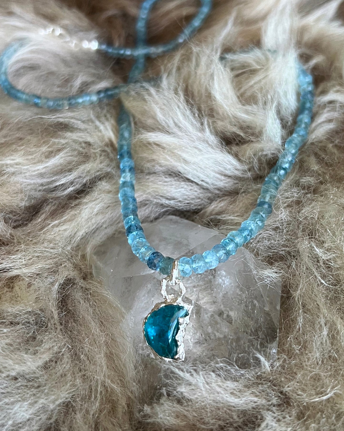 Crescent Moon Necklace ⋄ Neon Apatite & Aquamarine